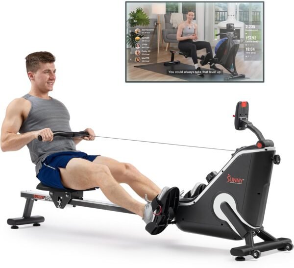 Sunny Health & Fitness Flip & Foldable Rowing Machine for Home w/Extended Slide Rail, Full-Body Workout, Low-Impact, Optional Extra Long Rail, Quiet Rail Cover, Water Motion and Free SunnyFit App - Image 2