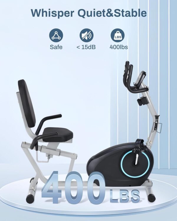Recumbent Exercise Bike for Seniors - Quick Adjust Seat, Magnetic Recumbent Bike with Quiet 16-Level Resistance, 400LB Weight Capacity, Backlit LCD Monitor, Heart Rate Handle - Image 3