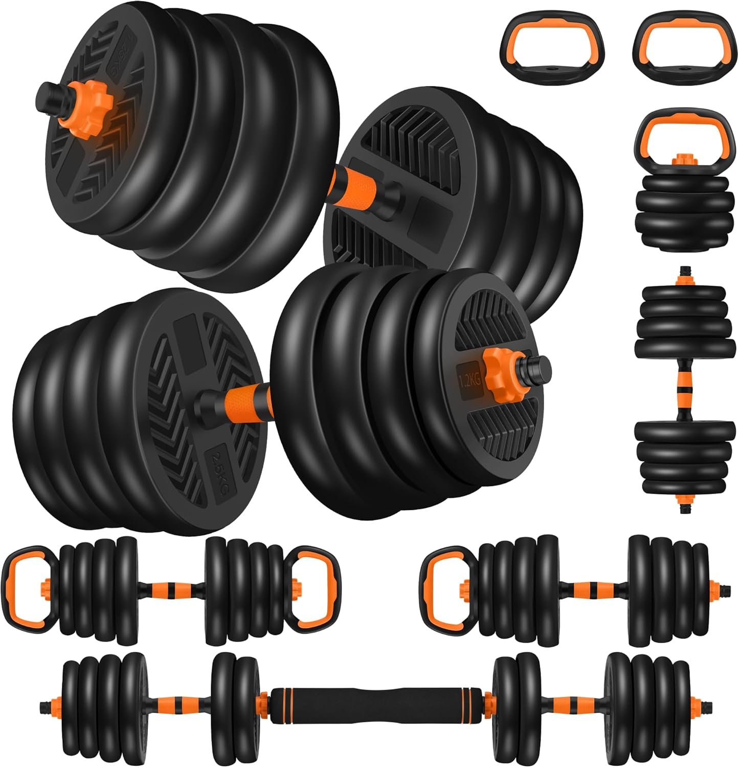 4 in 1 Adjustable Dumbbell Set with Connecting Rod Used as Barbell, Kettlebells, Push up Stand, Fitness Exercises for Home Gym, Orange - 20/30/50 Pounds - Image 2