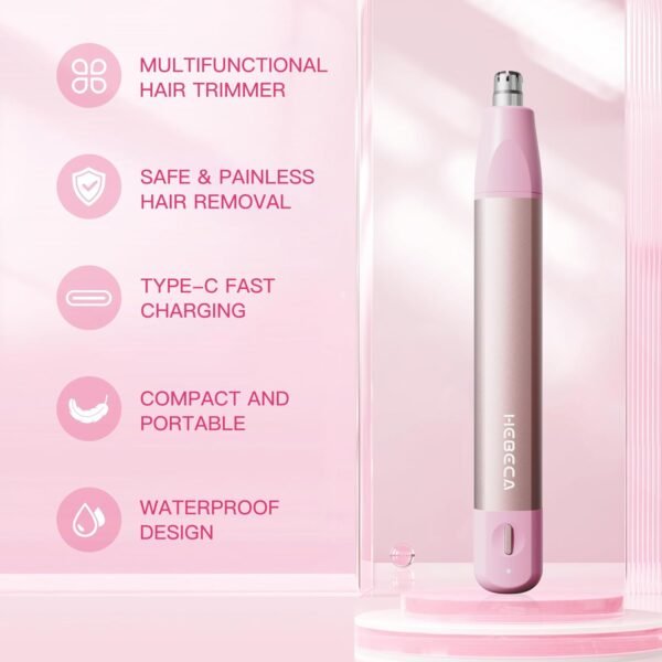 Nose Hair Trimmer for Women 2in1 Facial Hair Removal Trimmer - Metal Body, Rechargeable, Waterproof, Portable - Nose, Ear, Eyebrow, Peach-Fuzz, Lips, Chin FT2001 (Pink) - Image 3