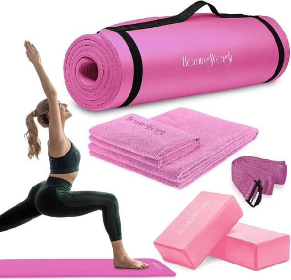HemingWeigh Yoga Mat Thick, Yoga Set for Home Workouts, 1/2 Inch Thick Yoga Mat for Women, Men, Non Slip Yoga Mat with Yoga Foam Blocks, Yoga Strap, 2 Microfiber Towels, Beginner Friendly - Image 2