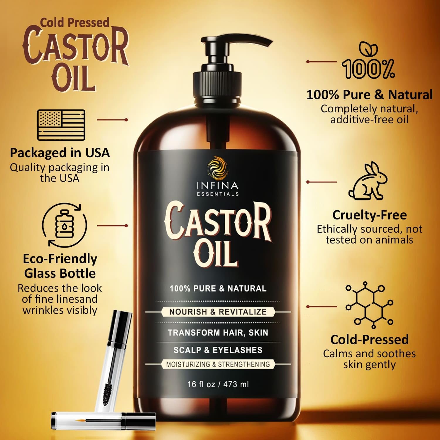 Pure Cold Pressed Castor Oil - Hexane Free, Glass Bottle for Hair Growth, Face, Scalp, Skin & Eyelashes - Nourishing and Moisturizing - 16 fl oz - Image 5