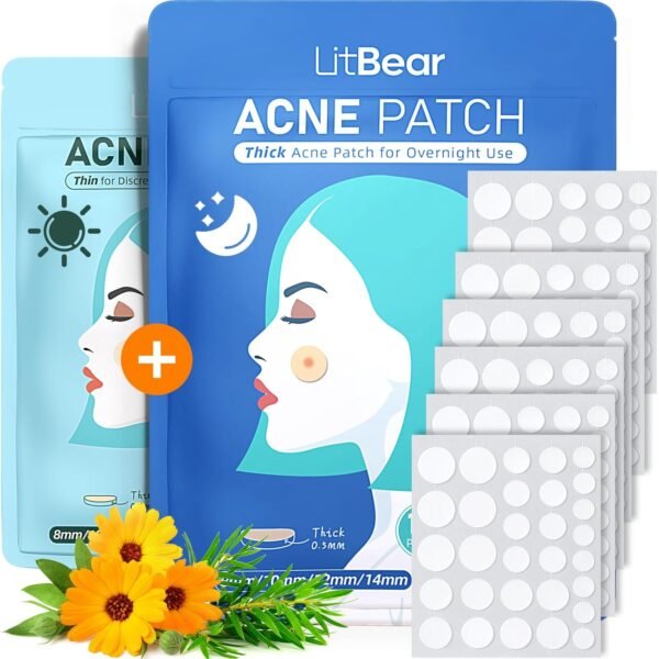 LitBear Acne Pimple Patches- Day and Night 4 Sizes 180 Dots Thin & Thick Hydrocolloid Patches with Witch Hazel, Tea Tree & Calendula Oil, Extra Adhesion for Face Zit Patch Dots - Image 2