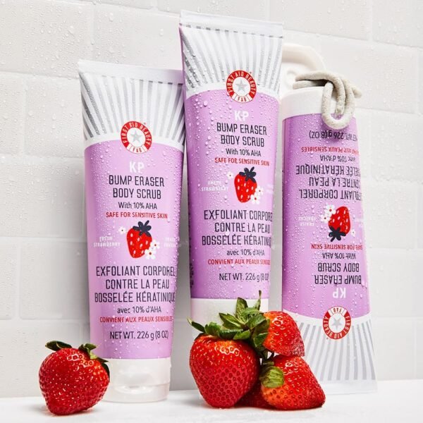 First Aid Beauty - KP Bump Eraser Body Scrub with 10% AHA, Keratosis Pilaris Exfoliater with Glycolic and Lactic acids, Helps Reduce Chicken Skin Bumps, Safe for Sensitive Skin, Strawberry Scent, 8 oz - Image 8