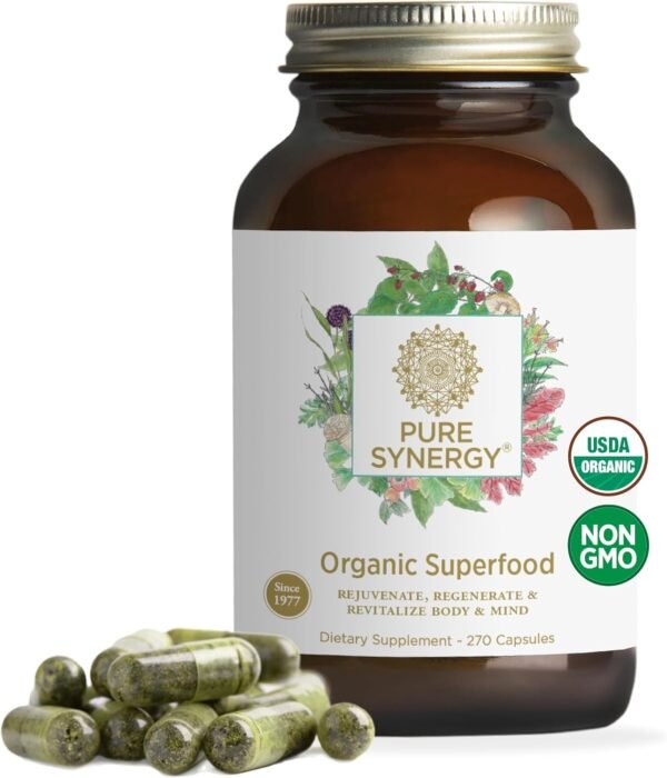 PURE SYNERGY Superfood Capsules | Organic Superfood & Greens Supplement | Whole Food Capsules with Super Greens, Spirulina, & Mushrooms | for Energy, Healthy Aging & Immune Health (270 Capsules) - Image 2