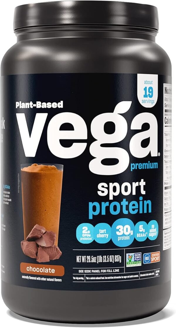 Vega Premium Sport Protein Chocolate Protein Powder, Vegan, Non GMO, Gluten Free Plant Based Protein Powder Drink Mix, NSF Certified for Sport, 29.5 oz - Image 2