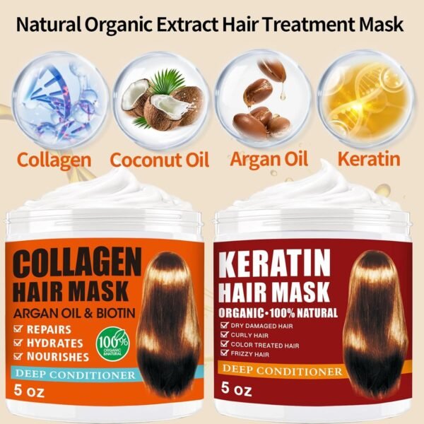 2 Pack Collagen Hair Mask & Keratin Hair Mask,Keratin Hair Treatment,Hydrating Argan Oil Hair Repair Treatment Deep Conditioner Hair Mask for Dry Hair,Collagen with Biotin Hair Treatment Mask - Image 3