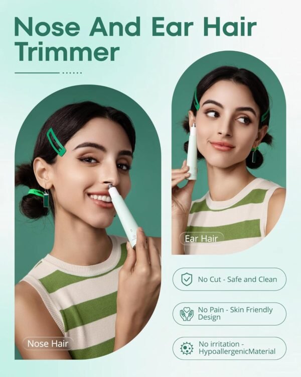 Nose Hair Trimmer for Women: Rechargeable 2 in 1 Ear Eyebrow Trimmer (Green) - Image 3
