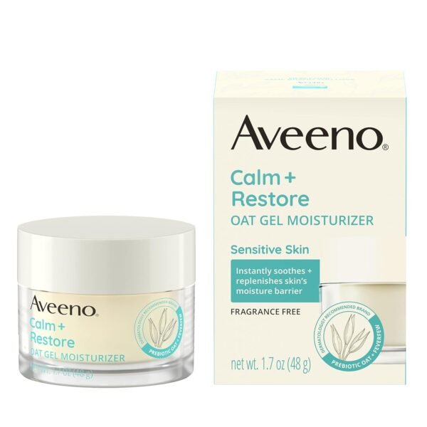 Aveeno Calm + Restore Oat Gel Facial Moisturizer for Sensitive Skin, Fast-Absorbing, Soothing Lightweight Gel Cream with Prebiotic Oat & Feverfew, Fragrance-Free & Hypoallergenic, 1.7 oz - Image 2