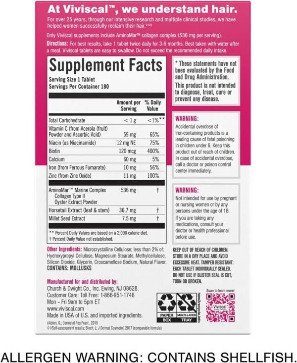 Viviscal Hair Growth Supplements for Women, Clinically Proven Hair Growth Product with Proprietary Collagen Complex, Results of Thicker, Fuller Hair Nourish Hair Loss, 180 Tablets - 3 Month Supply - Image 8