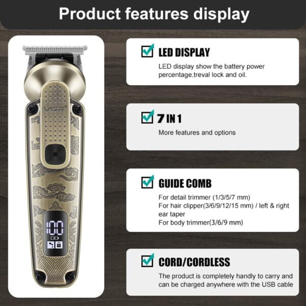VGR 095 Beard Trimmer for Men, 7 in 1 Waterproof Cordless Hair Clippers and Trimmers Set, Electric Razor Shavers T-Blade Hair Trimmer Grooming Kit for Nose Body Ear Face Mustache, V-103 - Image 4