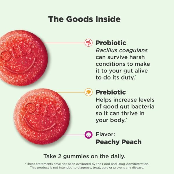 OLLY Probiotic + Prebiotic Gummy, Digestive Support and Gut Health, 500 Million CFUs, Fiber, Adult Chewable Supplement for Men and Women, Peach, 60 Day Supply - 60 Count - Image 5