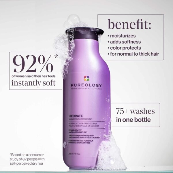 Pureology Hydrate Moisturizing Shampoo | Softens and Deeply Hydrates Dry Hair | For Medium to Thick Color Treated Hair | Sulfate-Free | Vegan - Image 3