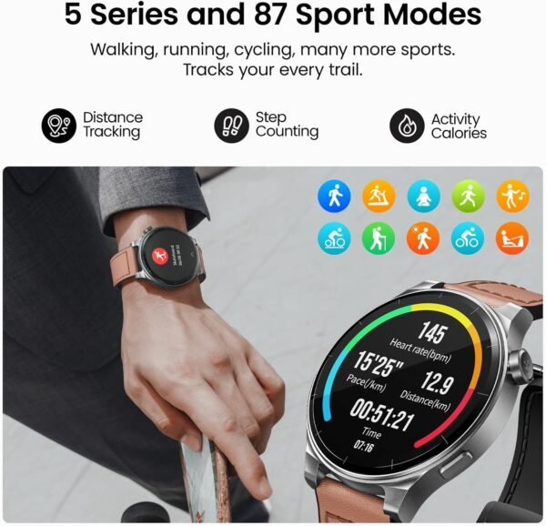 TOZO AMOLED S5 Smart Watch (Answer/Make Calls), 1.43’’ HD Screen for Men Women 100+ Sport Modes Fitness Watchs with Blood Oxygen/Sleep/Heart Rate Monitor, IP68 Waterproof, Leather Band Brown - Image 3