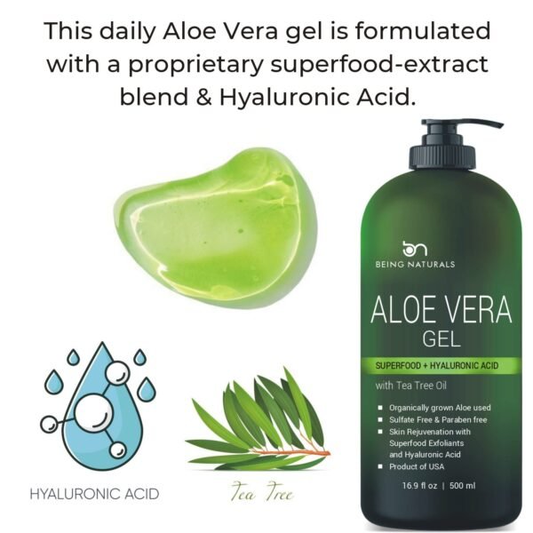 Aloe vera Gel - from 100% Pure Organic Aloe - Natural Raw Moisturizer for Face, Body, Hair. Perfect for Sunburn, Acne, Razor Bumps 16.9 fl oz (Tea Tree, Superfood, Hyaluronic Acid) - Image 8