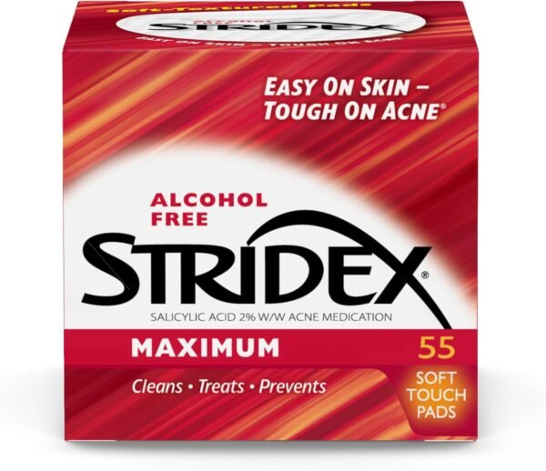 Stridex Medicated Acne Pads, Maximum, 55 Count – Facial Cleansing Wipes, Alcohol Free, Acne Treatment for Face, For Moderate Acne, Smooth Application - Image 2
