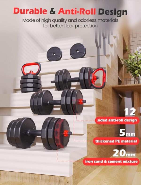 Adjustable Dumbbells Sets, 20/30/40/55/60/70/80/90lbs Free Weights Dumbbells Set of Convertible 2 or 3 in 1 Dumbbells Set Used as Barbell, Kettlebells, A Pair of Lightweight for Home Gym - Image 4