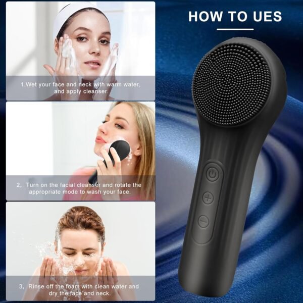 Silicone Face Scrubber Exfoliator, Silicone Face Wash Brush for Men & Women, Ipx7 Waterproof Rechargeable Facial Cleaner for Deep Cleansing, Exfoliating, Massage Face Scrubber (Black) - Image 8