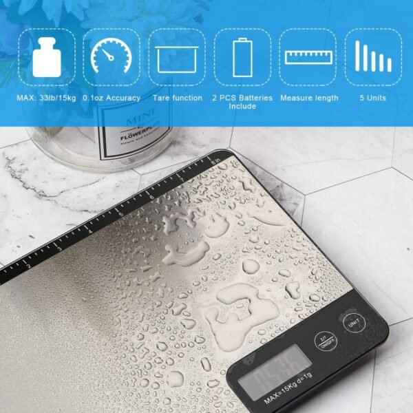 MAX 33lb Kitchen Scale with Measure Length(8inch), Food Scales Digital Weight Grams and Oz with Shrink Hook, 6 Units, Tare Function, High Precision to 1g/0.1oz for Baking and Cooking - Image 3