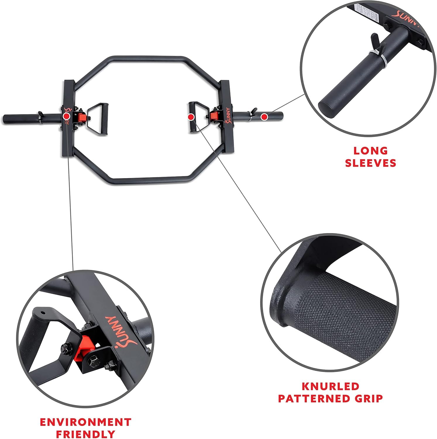 Sunny Health & Fitness Strength Training Olympic Hex Bar Barbell, High Load Capacity, Swivel Handles, Safety Clips, Knurled Handles for Deadlifts, Shoulder Presses, Shrugs, Back Rows, Weightlifting - Image 5