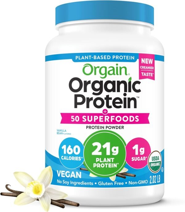 Orgain Organic Vegan Protein + 50 Superfoods Powder, Vanilla Bean - 21g Plant Based Protein, 8g Prebiotic Fiber, No Lactose Ingredients, Gluten Free, Non-GMO, 2.02 lb (Packaging May Vary) - Image 2