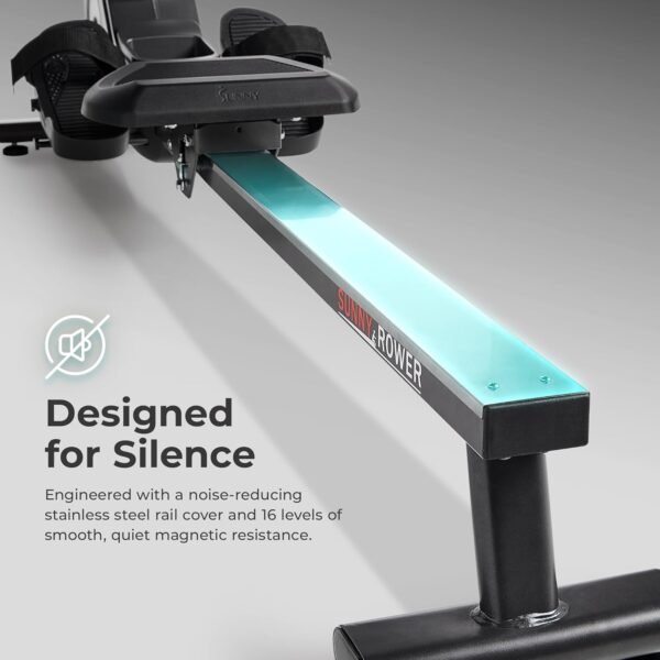 Sunny Health & Fitness Flip & Foldable Rowing Machine for Home w/Extended Slide Rail, Full-Body Workout, Low-Impact, Optional Extra Long Rail, Quiet Rail Cover, Water Motion and Free SunnyFit App - Image 3