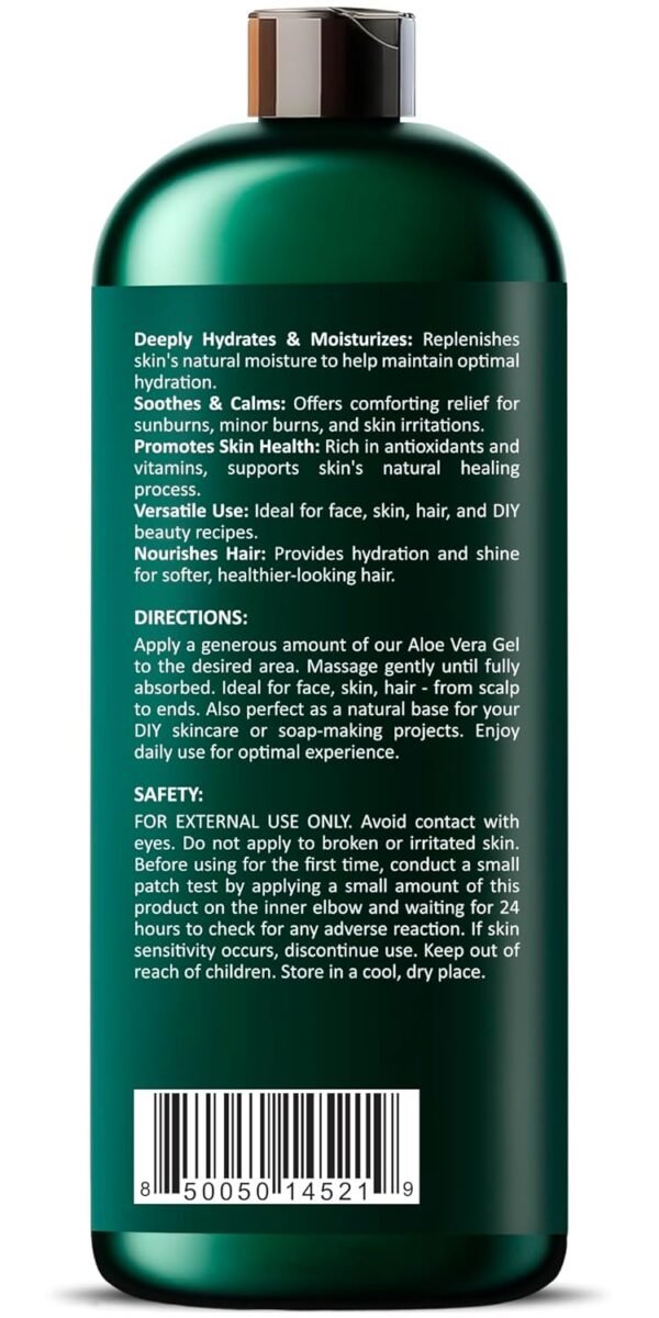 Pure Aloe Vera Gel for Face, Hair & Skin - Soothing Aloe Gel for Sunburn Relief - Made with Organic Aloe Vera Gel 95%, Chamomile & Vit E, for All Skin Types - 16 fl oz - Image 10