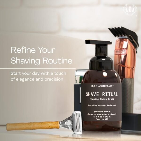 Muse Apothecary Foaming Shave Ritual - Natural Shaving Cream Sensitive Skin - Womens Shaving Cream Mens Shave Cream - Protective Formula Aloe Vera + Shea Butter + Vitamin E - Coconut Sandalwood 11.5oz - Image 3
