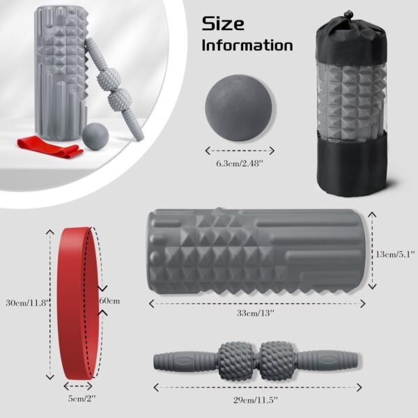 5-in-1 Foam Roller Set, Massage Roller Stick, Massage Ball, Resistance Band for Deep Muscle Massage, Trigger Point Release, Pilates, Yoga (Grey) - Image 8