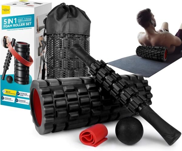 5 in1 Foam Roller Set for Deep Tissue Muscle Massage, High Density Fitness Exercise Foam Roller, Massage Roller, Massage Ball, Resistance Band, for Whole Body (Black) - Image 2