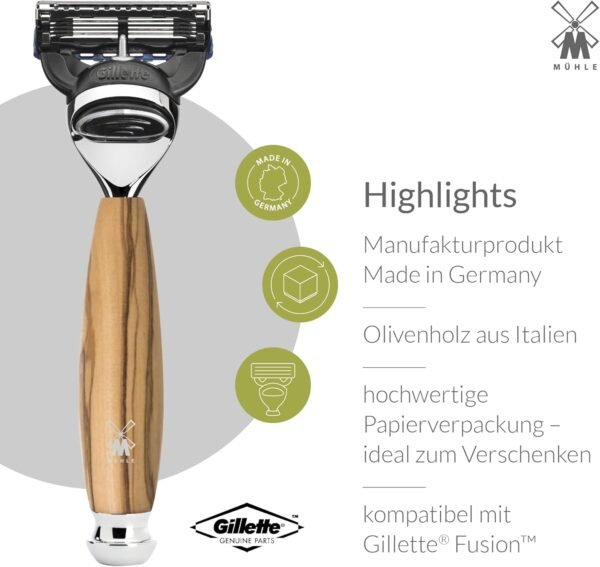 MÜHLE VIVO Olive Wood 4-Piece Pure Badger 5-Blade Razor Shaving Set - Image 3