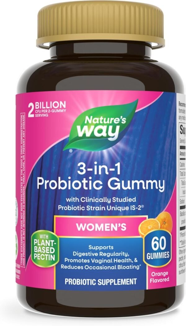 Nature's Way 3-in-1 Women’s Probiotic Gummies, Reduces Occasional Bloating*, Supports Digestive & Vaginal Health*, Clinically Studied Probiotic Strain, Gluten Free, Orange Flavored, 60 Gummies - Image 2