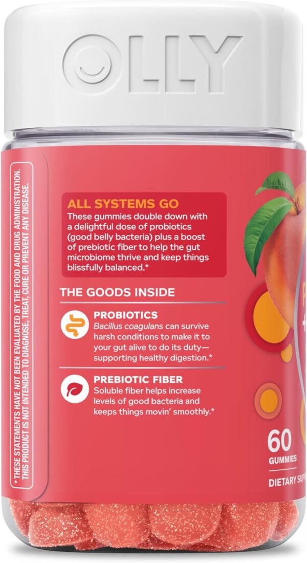 OLLY Probiotic + Prebiotic Gummy, Digestive Support and Gut Health, 500 Million CFUs, Fiber, Adult Chewable Supplement for Men and Women, Peach, 60 Day Supply - 60 Count - Image 4