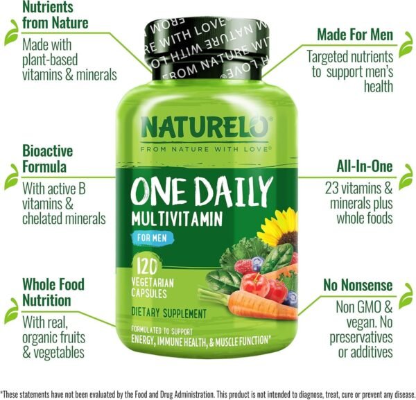 NATURELO Mens Multivitamins - One Daily Multivitamin for Men with Vitamins, Minerals & Organic Whole Foods, Boost Energy & Health, Non-GMO, 120 Vegetarian Capsules - Image 7