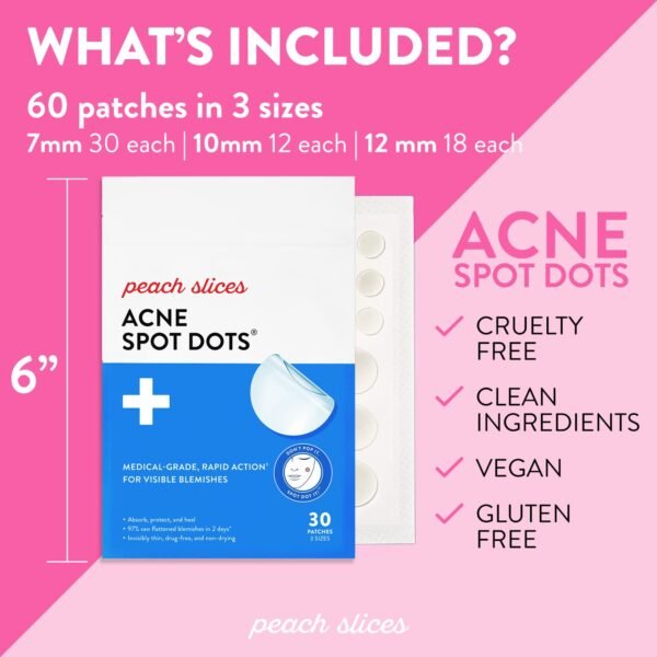 Peach Slices | Acne Spot Dots | Hydrocolloid Acne Patches | For Zits, Blemishes, & Breakouts | Vegan | Cruelty-Free | Pimple Patches | Facial Skin Care Products | 3 Sizes (7mm, 10mm, & 12mm) | 60 Ct - Image 6