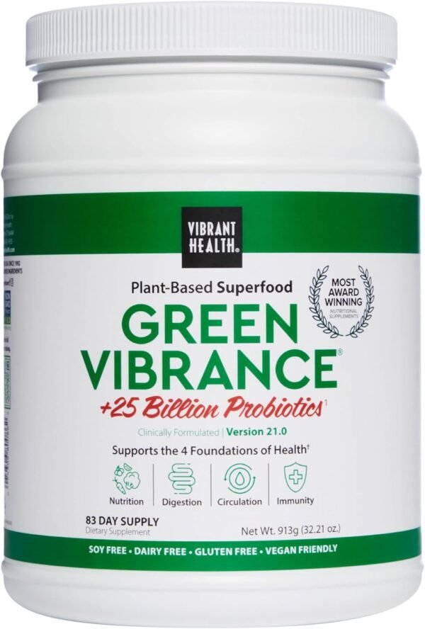 Vibrant Health, Green Vibrance, Includes 65 Plant-Based Superfoods, 25 Billion Probiotics, Fiber, Adaptogens & Enzymes, 83 Servings - Image 2
