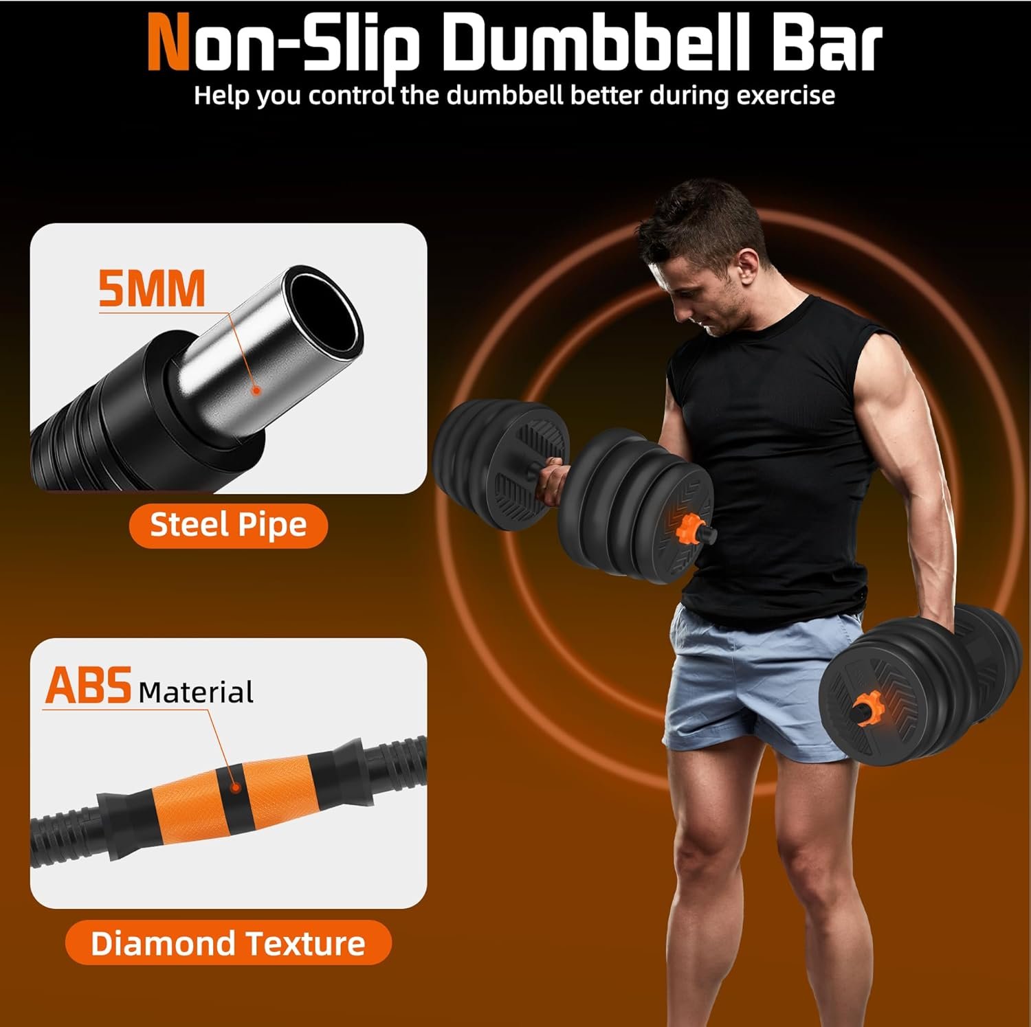 4 in 1 Adjustable Dumbbell Set with Connecting Rod Used as Barbell, Kettlebells, Push up Stand, Fitness Exercises for Home Gym, Orange - 20/30/50 Pounds - Image 5