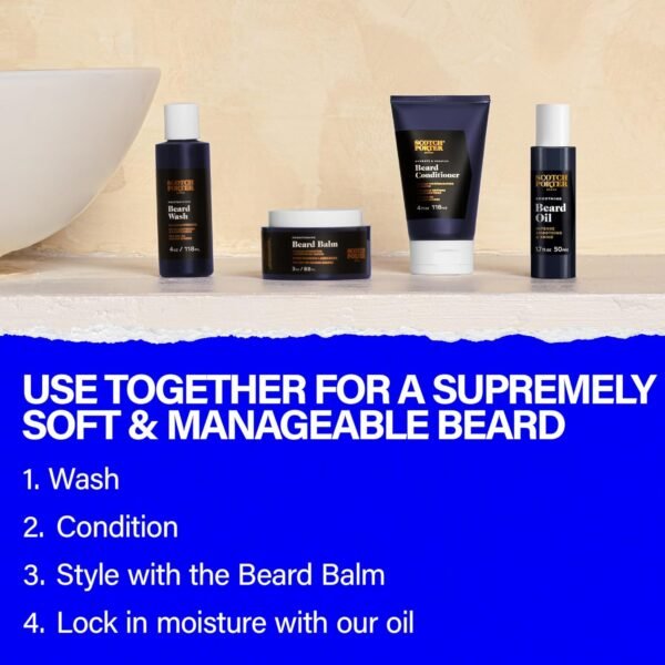 Scotch Porter Beard Kit – Cleanse, Moisturize, Soothe & Style Coarse, Dry Facial Hair while Encouraging Growth for a Fuller/Healthier-Looking Beard – Includes Wash, Conditioner, Serum & Balm - Image 7