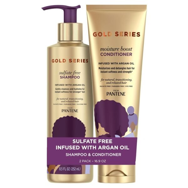 Pantene Shampoo and Sulfate Free Conditioner Kit, with Argan Oil, Pro-V Gold Series, for Natural and Curly Textured Hair, 16.9 fl oz, Kit - Image 2