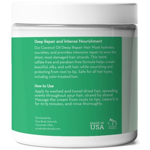 Pure Body Naturals Coconut Oil Hair Mask, Deep Conditioning Hair Treatment for Dry Damaged and Color Treated Hair, Sulfate Free Hair Conditioner, Moisturizes, Repairs, 8.8 Fl Oz - Image 6