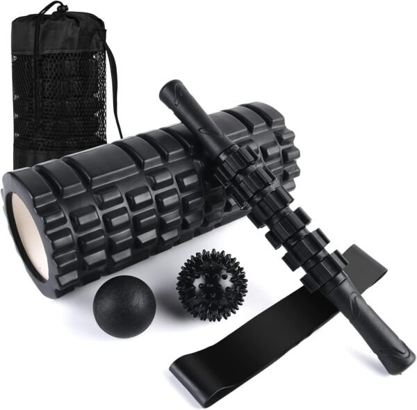 6 in1 Foam Roller Set, Trigger Point Foam Roller, Yoga Stick, Massage Ball, Fixation Ball, Fitness Stretching Strap, Carrying Bag, Towel for Deep Muscle Massage Pilates Yoga - Image 2