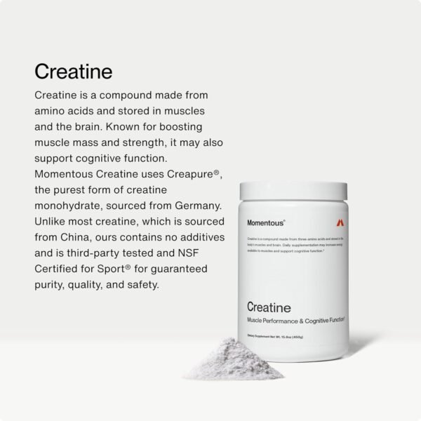 Momentous Creatine Monohydrate Powder - Creapure Creatine Powder Supports Strength, Lean Muscle, & Recovery for Men & Women - 5g Per Serving, 90 Servings - Image 4