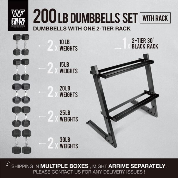 WF Athletic Supply 200Lb Dumbbell Set, 10-30Lb Dumbbell Set with Two-Tier Storage Rack for Muscle Toning, Strength Building & Weight Loss - Multiple Choices Available - Image 3
