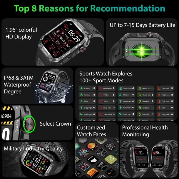 Military Smart Watch for Men with Call Function,Fitness Smartwatch for Android Phones and iPhone, Waterproof Fitness Tracker with Blood Oxygen/Heart Rate/Sleep/100+ Sport Modes, Watches for Men - Image 6