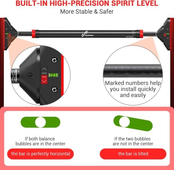 Pull Up Bar for Doorway: Sportneer Strength Training Pull-up Bars without Screw - Adjustable Width Locking Mechanism Chin Up Bar, Thickened Steel Max Limit 440 lbs Upper Body Fitness Pullup Bars for Home (Black-Red) - Image 7