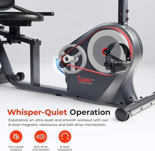 Sunny Health & Fitness Smart Heavy-Duty Recumbent Bike w/Wide Cushioned Seat & Back, Indoor Cycling Machine for Adult/Seniors Home Exercise, Free SunnyFit App Connect, Optional Workout Training Bands - Image 4