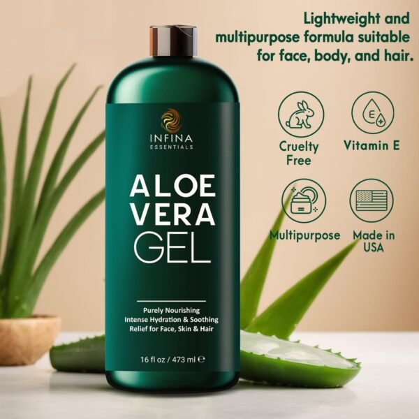 Pure Aloe Vera Gel for Face, Hair & Skin - Soothing Aloe Gel for Sunburn Relief - Made with Organic Aloe Vera Gel 95%, Chamomile & Vit E, for All Skin Types - 16 fl oz - Image 7