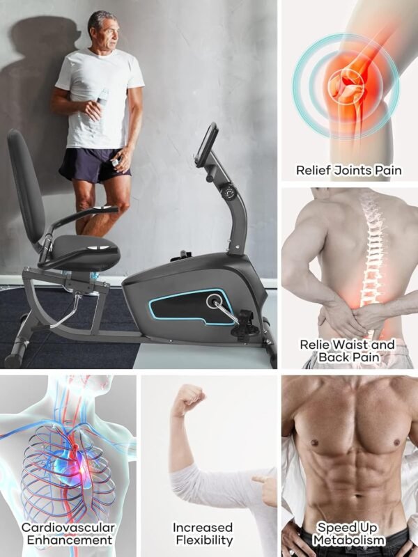 Recumbent Exercise Bike for Home Stationary Bike Sturdy Quiet 8 Levels Exercise Bike Large Comfortable Seat Heart Rate Handle & Device Holder 300 LB Weight Capacity - Image 6