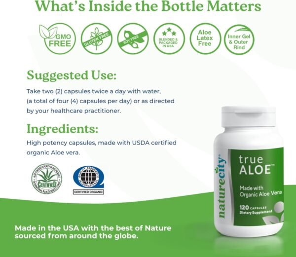 True-Aloe 80,000mg Aloe Vera Gel Equivalent Per Serving – Made with Organic Aloe Vera (120 Capsules) Digestive, Skin and Joint Support | Small Easy-to-Swallow Pills - Image 6
