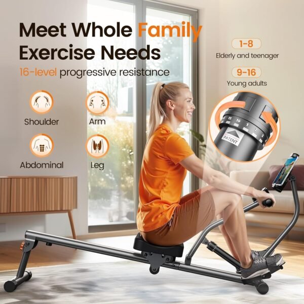 Niceday Rowing Machine, Rowing Machine for Home, Compact Hydraulic Rowing Machine with 16-Level Resistance, 300LBS Weight Capacity and Adjustable Phone Holder Tube - Image 3